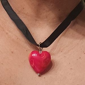 Red Puffed Heart Ribbon Necklace